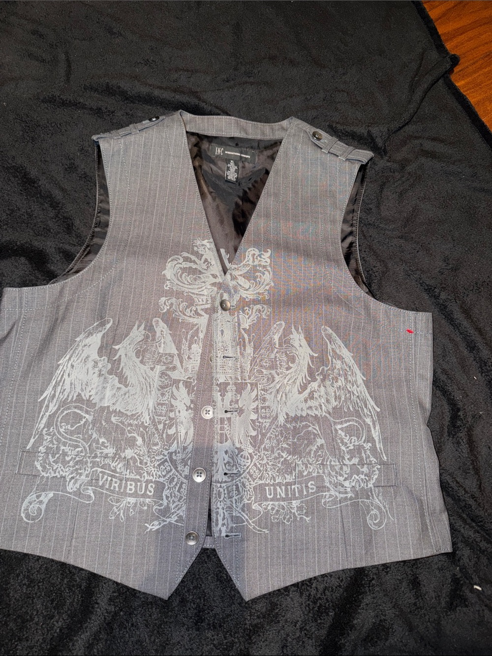 INC International Concepts Gray Pinstripe Vest with White Graphic Crest